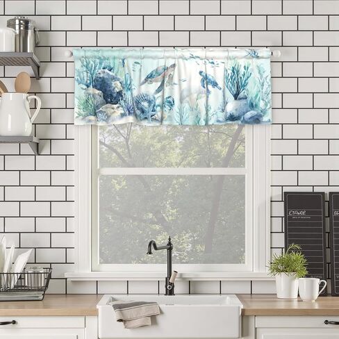Coastal Valance for Windows - Blue Sea Turtle Valance Curtain 54"x18" Short Curtain Window Treatment for Kitchen Living Room Bathroom Bedroom in Kuwait
