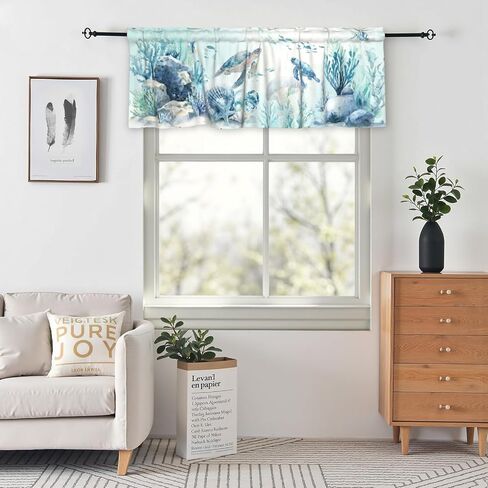 Coastal Valance for Windows - Blue Sea Turtle Valance Curtain 54"x18" Short Curtain Window Treatment for Kitchen Living Room Bathroom Bedroom in Kuwait