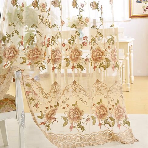Luxury European Sheer Curtains for Living Room Floral Embroidery Gauze Curtains for Bedroom Rod Pocket Top Voile Curtain 1 Panel (Beige Sheer,W39 x L84 inches) in Saudi Arabia
