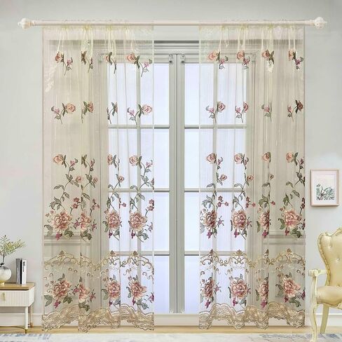 Luxury European Sheer Curtains for Living Room Floral Embroidery Gauze Curtains for Bedroom Rod Pocket Top Voile Curtain 1 Panel (Beige Sheer,W39 x L84 inches) in Saudi Arabia