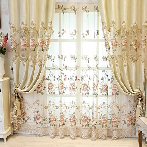 Luxury European Sheer Curtains for Living Room Floral Embroidery Gauze Curtains for Bedroom Rod Pocket Top Voile Curtain 1 Panel (Beige Sheer,W39 x L84 inches) in Saudi Arabia