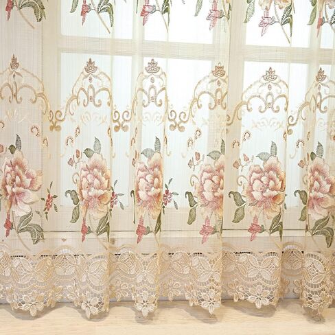 Luxury European Sheer Curtains for Living Room Floral Embroidery Gauze Curtains for Bedroom Rod Pocket Top Voile Curtain 1 Panel (Beige Sheer,W39 x L84 inches) in Saudi Arabia