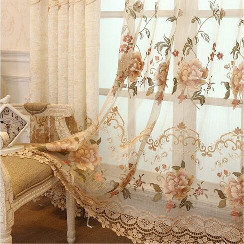 Luxury European Sheer Curtains for Living Room Floral Embroidery Gauze Curtains for Bedroom Rod Pocket Top Voile Curtain 1 Panel (Beige Sheer,W39 x L84 inches) in Saudi Arabia