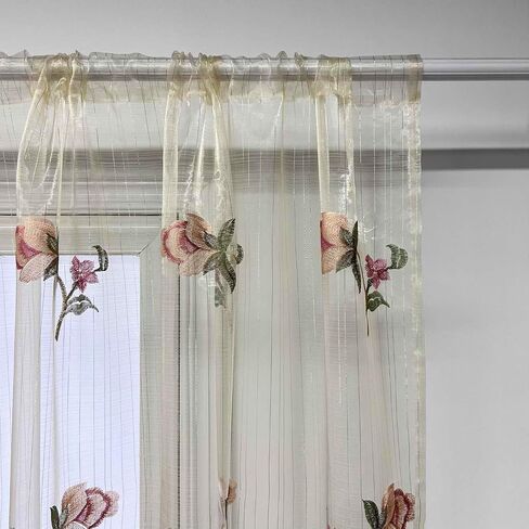 Luxury European Sheer Curtains for Living Room Floral Embroidery Gauze Curtains for Bedroom Rod Pocket Top Voile Curtain 1 Panel (Beige Sheer,W39 x L84 inches) in Saudi Arabia