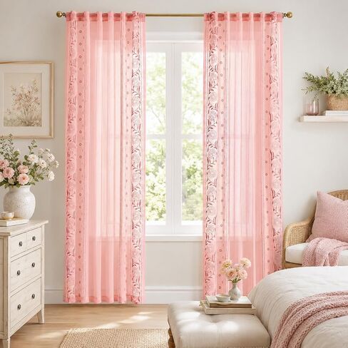 jinchan Pink Sheer Curtains 84", Embroidered Floral, Light Filtering, 2 Panels, Girls & Nursery Room, Bedroom, Dorm, Living Room Drapes in Saudi Arabia