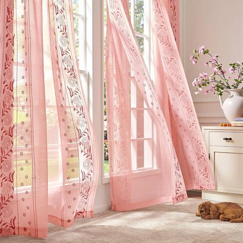 jinchan Pink Sheer Curtains 84", Embroidered Floral, Light Filtering, 2 Panels, Girls & Nursery Room, Bedroom, Dorm, Living Room Drapes in Saudi Arabia