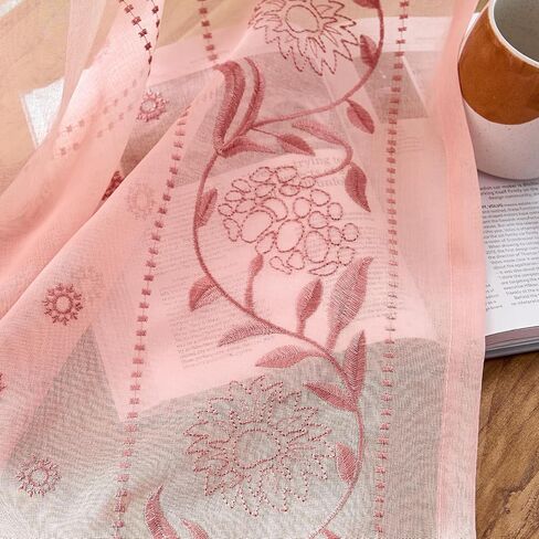 jinchan Pink Sheer Curtains 84", Embroidered Floral, Light Filtering, 2 Panels, Girls & Nursery Room, Bedroom, Dorm, Living Room Drapes in Saudi Arabia
