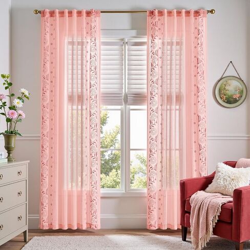 jinchan Pink Sheer Curtains 84", Embroidered Floral, Light Filtering, 2 Panels, Girls & Nursery Room, Bedroom, Dorm, Living Room Drapes in Saudi Arabia