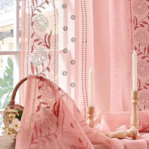 jinchan Pink Sheer Curtains 84", Embroidered Floral, Light Filtering, 2 Panels, Girls & Nursery Room, Bedroom, Dorm, Living Room Drapes in Saudi Arabia