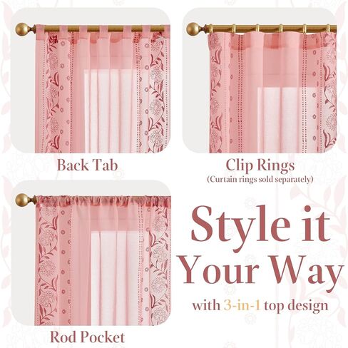 jinchan Pink Sheer Curtains 84", Embroidered Floral, Light Filtering, 2 Panels, Girls & Nursery Room, Bedroom, Dorm, Living Room Drapes in Saudi Arabia