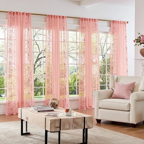 jinchan Pink Sheer Curtains 84", Embroidered Floral, Light Filtering, 2 Panels, Girls & Nursery Room, Bedroom, Dorm, Living Room Drapes in Saudi Arabia
