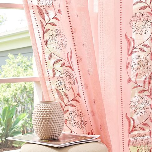 jinchan Pink Sheer Curtains 84", Embroidered Floral, Light Filtering, 2 Panels, Girls & Nursery Room, Bedroom, Dorm, Living Room Drapes in Saudi Arabia