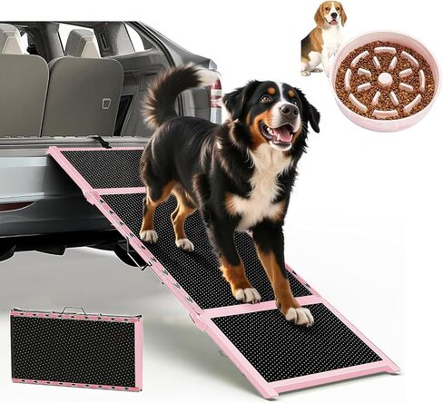 67''L & 20''W Dog Ramp for Car - Portable Extra Wide Pet Ramp for Medium & Large Dogs with Non-Slip Rug Surface, Dog Steps Stair for Car SUV/Truck/RV/High Bed, Up to 250LBS, Black in Kuwait