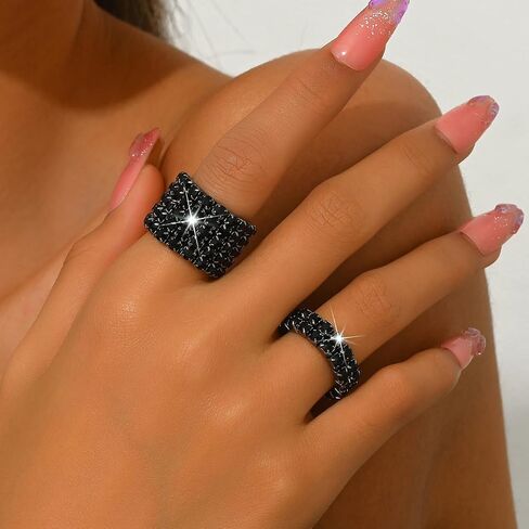 2PCS Rhinestone Stretch Ring for Women Sparkling Gold Silver Black Crystal Knuckle Ring Set Fashion Crystal Stackable Finger Rings Set Elegant Bridal Wedding Stretchy Statement Rings Jewelry in Kuwait