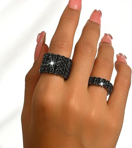2PCS Rhinestone Stretch Ring for Women Sparkling Gold Silver Black Crystal Knuckle Ring Set Fashion Crystal Stackable Finger Rings Set Elegant Bridal Wedding Stretchy Statement Rings Jewelry in Kuwait