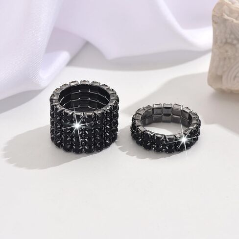 2PCS Rhinestone Stretch Ring for Women Sparkling Gold Silver Black Crystal Knuckle Ring Set Fashion Crystal Stackable Finger Rings Set Elegant Bridal Wedding Stretchy Statement Rings Jewelry in Kuwait