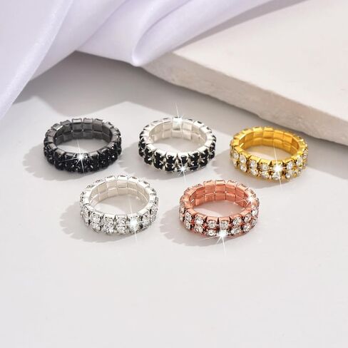 2PCS Rhinestone Stretch Ring for Women Sparkling Gold Silver Black Crystal Knuckle Ring Set Fashion Crystal Stackable Finger Rings Set Elegant Bridal Wedding Stretchy Statement Rings Jewelry in Kuwait