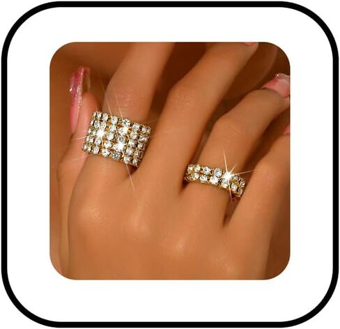 2PCS Rhinestone Stretch Ring for Women Sparkling Gold Silver Black Crystal Knuckle Ring Set Fashion Crystal Stackable Finger Rings Set Elegant Bridal Wedding Stretchy Statement Rings Jewelry in Kuwait
