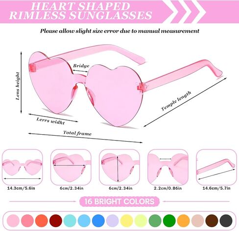 16 Pcs Heart Shaped Sunglasses,Candy Color Rimless Heart Sunglasses,Trendy Glasses for Women Men Rave Bachelorette Party Favor,Color Sunglasses,16 Colors in Saudi Arabia