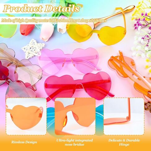 16 Pcs Heart Shaped Sunglasses,Candy Color Rimless Heart Sunglasses,Trendy Glasses for Women Men Rave Bachelorette Party Favor,Color Sunglasses,16 Colors in Saudi Arabia