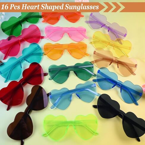 16 Pcs Heart Shaped Sunglasses,Candy Color Rimless Heart Sunglasses,Trendy Glasses for Women Men Rave Bachelorette Party Favor,Color Sunglasses,16 Colors in Saudi Arabia