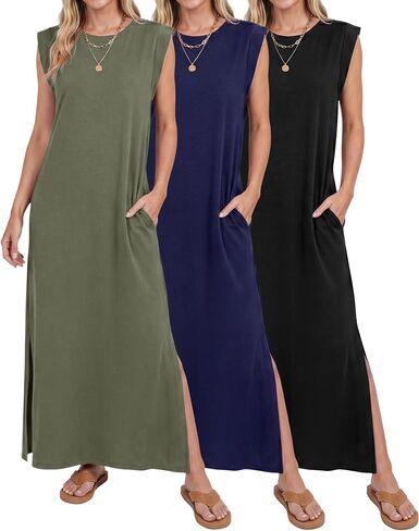 3 Pack Women Summer Maxi Dress Sleeveless Crew Neck Long Dress with Pockets Vacation Beach Sundresses with Split in Saudi Arabia