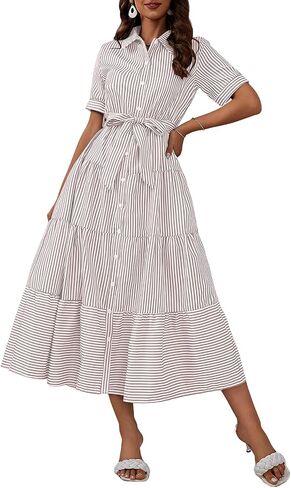 ebossy Women's Boho Striped Shirt Dress Button Down Belted Flowy Ruffles Loose A Line Maxi Long Dress with Pockets in Kuwait