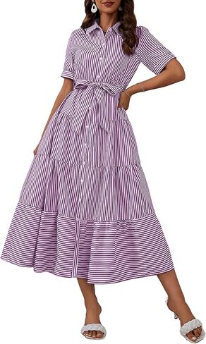 ebossy Women's Boho Striped Shirt Dress Button Down Belted Flowy Ruffles Loose A Line Maxi Long Dress with Pockets in Kuwait