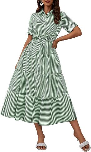 ebossy Women's Boho Striped Shirt Dress Button Down Belted Flowy Ruffles Loose A Line Maxi Long Dress with Pockets in Kuwait