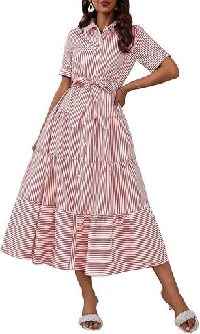 ebossy Women's Boho Striped Shirt Dress Button Down Belted Flowy Ruffles Loose A Line Maxi Long Dress with Pockets in Kuwait