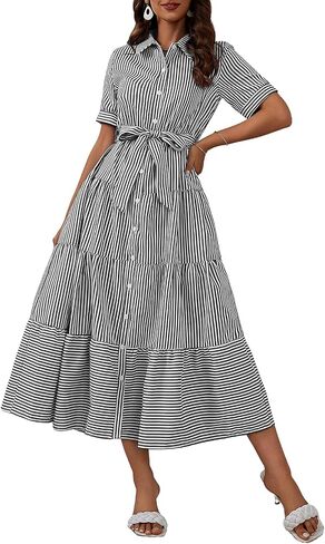 ebossy Women's Boho Striped Shirt Dress Button Down Belted Flowy Ruffles Loose A Line Maxi Long Dress with Pockets in Kuwait
