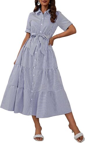 ebossy Women's Boho Striped Shirt Dress Button Down Belted Flowy Ruffles Loose A Line Maxi Long Dress with Pockets in Kuwait
