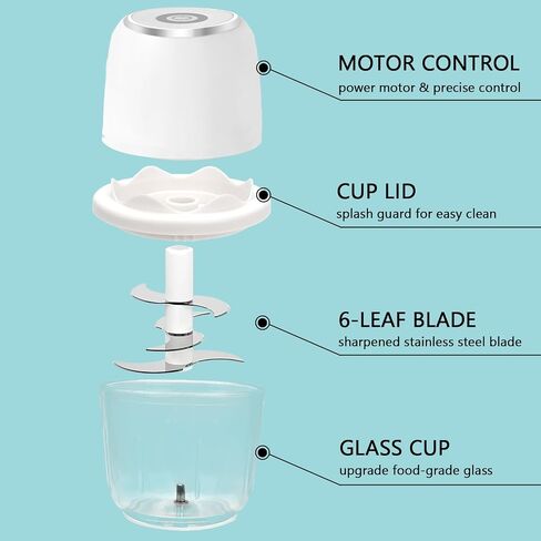 Mini Garlic Chopper, Cordless Electric Garlic Chopper Slicer with GLASS Cup, 10Oz Mini Food Grinder Processor for Small Vegetable Onion Tomato Pepper Herb, Anti-slip, incl USB cable, White in Saudi Arabia