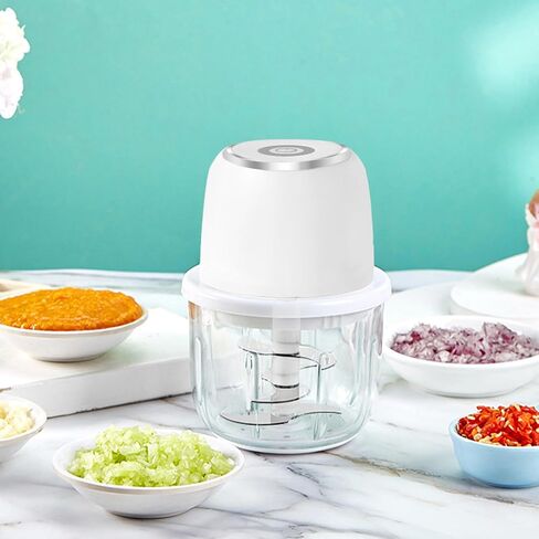 Mini Garlic Chopper, Cordless Electric Garlic Chopper Slicer with GLASS Cup, 10Oz Mini Food Grinder Processor for Small Vegetable Onion Tomato Pepper Herb, Anti-slip, incl USB cable, White in Saudi Arabia