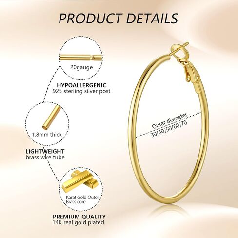 5 Pairs Gold Silver Hoop Earrings, 14K Gold Plated Hoop Earring Set, Hypoallergenic Big Thin Lightweight Dangle Set for Women in Saudi Arabia