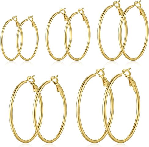 5 Pairs Gold Silver Hoop Earrings, 14K Gold Plated Hoop Earring Set, Hypoallergenic Big Thin Lightweight Dangle Set for Women in Saudi Arabia