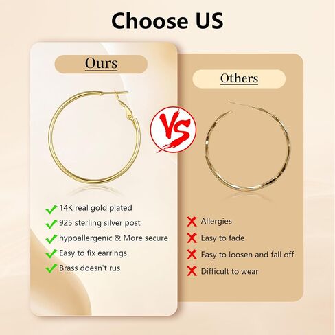 5 Pairs Gold Silver Hoop Earrings, 14K Gold Plated Hoop Earring Set, Hypoallergenic Big Thin Lightweight Dangle Set for Women in Saudi Arabia
