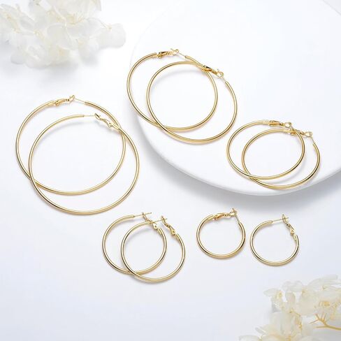 5 Pairs Gold Silver Hoop Earrings, 14K Gold Plated Hoop Earring Set, Hypoallergenic Big Thin Lightweight Dangle Set for Women in Saudi Arabia