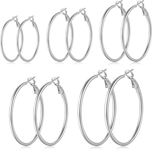 5 Pairs Gold Silver Hoop Earrings, 14K Gold Plated Hoop Earring Set, Hypoallergenic Big Thin Lightweight Dangle Set for Women in Saudi Arabia