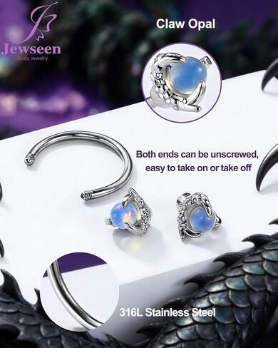 Jewseen 2PCS Small Double Hoop Earrings Dragon Claw Gemstone Mini Circular Barbell Horseshoe 18G 10mm 316L Hypoallergenic Surgical Steel Piercing Jewelry in Saudi Arabia