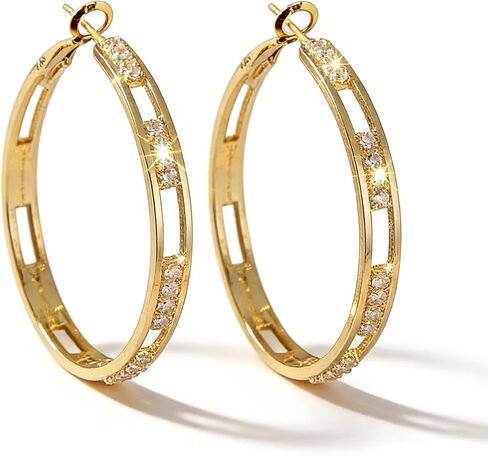 Gold Hollow Hoop Earrings with Cubic Zirconia - Large/Medium Gold Hoop Earrings for Women, Sparkly Hollow Out Hoop Earrings for Daily & Party Wear in Saudi Arabia