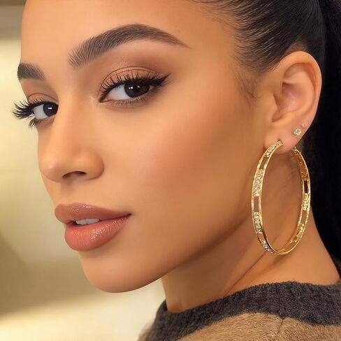 Gold Hollow Hoop Earrings with Cubic Zirconia - Large/Medium Gold Hoop Earrings for Women, Sparkly Hollow Out Hoop Earrings for Daily & Party Wear in Saudi Arabia