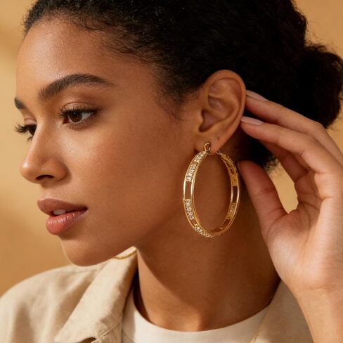 Gold Hollow Hoop Earrings with Cubic Zirconia - Large/Medium Gold Hoop Earrings for Women, Sparkly Hollow Out Hoop Earrings for Daily & Party Wear in Saudi Arabia