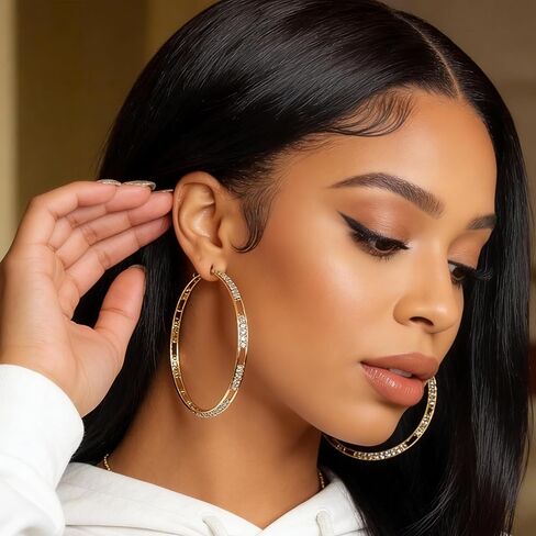 Gold Hollow Hoop Earrings with Cubic Zirconia - Large/Medium Gold Hoop Earrings for Women, Sparkly Hollow Out Hoop Earrings for Daily & Party Wear in Saudi Arabia