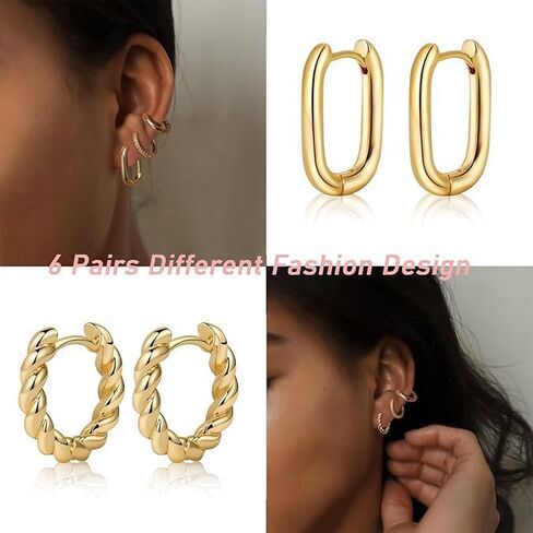14K Gold Hoop Earrings for Women - Stylish and Versatile Chunky Hoop Earrings Set,Multipack Hypoallergenic Twisted Huggie Hoops Earring Set in Kuwait