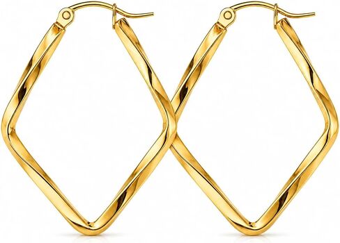 Rhombus Twisted Hoop Earrings for Women - 14K Gold Plated Hypoallergenic Stainless Steel Latch Back Earring Hanging Minimalist Jewelry Gifts for Birthday Anniversary in Saudi Arabia
