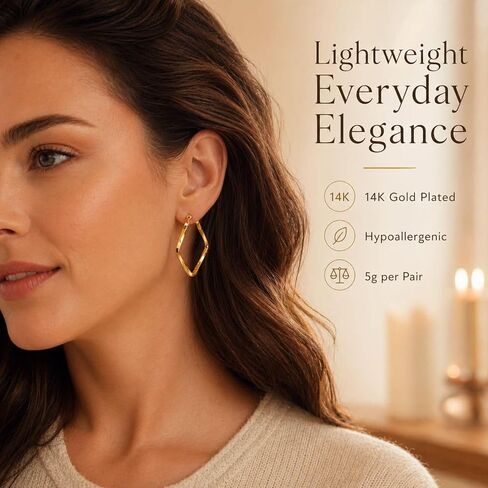 Rhombus Twisted Hoop Earrings for Women - 14K Gold Plated Hypoallergenic Stainless Steel Latch Back Earring Hanging Minimalist Jewelry Gifts for Birthday Anniversary in Saudi Arabia