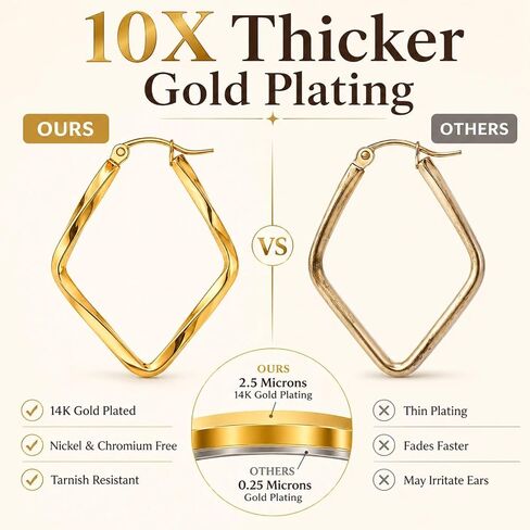 Rhombus Twisted Hoop Earrings for Women - 14K Gold Plated Hypoallergenic Stainless Steel Latch Back Earring Hanging Minimalist Jewelry Gifts for Birthday Anniversary in Saudi Arabia