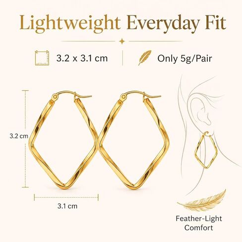 Rhombus Twisted Hoop Earrings for Women - 14K Gold Plated Hypoallergenic Stainless Steel Latch Back Earring Hanging Minimalist Jewelry Gifts for Birthday Anniversary in Saudi Arabia
