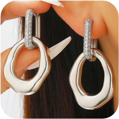 Charm Gold Oval Zircon Hoop Earrings for Women Vintage Statement Cz Chunky Silver Irregular Geometric Rectangle Earring Party Prom Jewelry Accessories in Saudi Arabia
